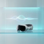 Гарнітура Apple Vision Pro на скляній поверхні та цифрова хвиля інтерфейсу Siri