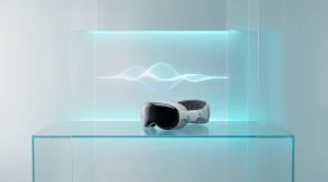Apple Vision Pro headset on a reflective glass table with Siri audio wave visualization