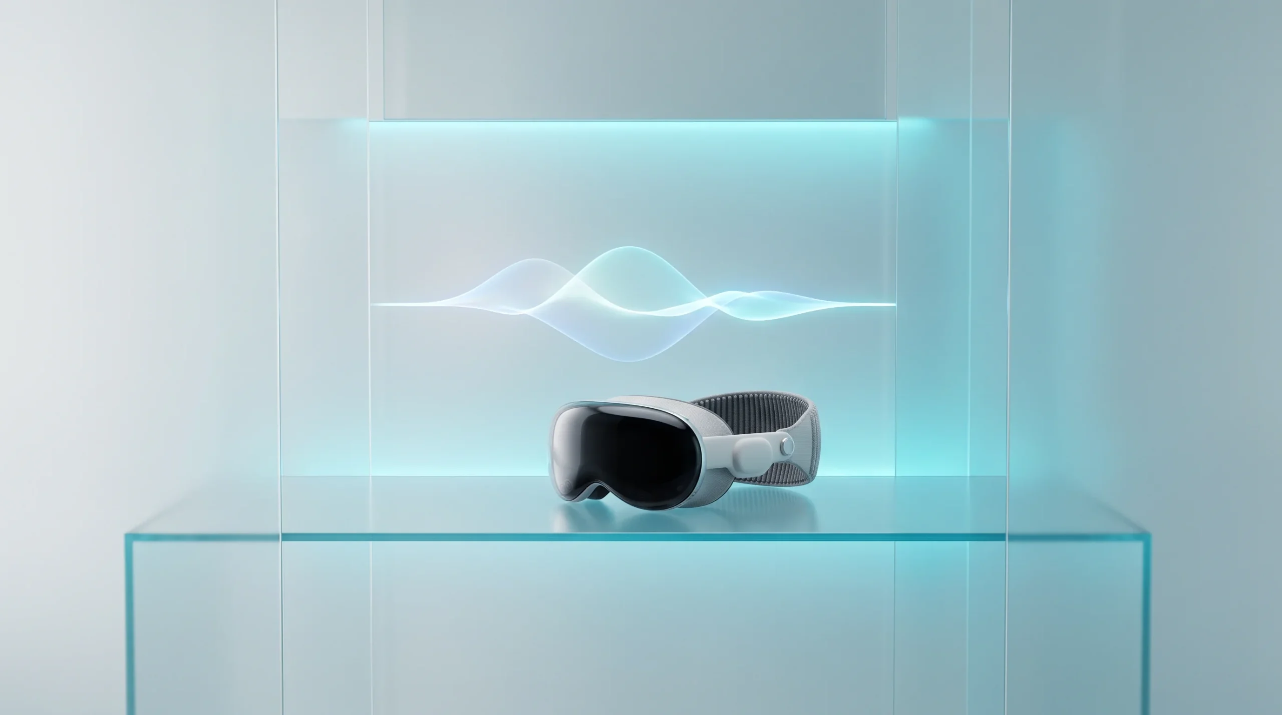 Apple Vision Pro headset on a reflective glass table with Siri audio wave visualization