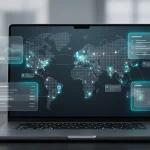 Ноутбук з цифровою картою світу та графічним інтерфейсом стеження