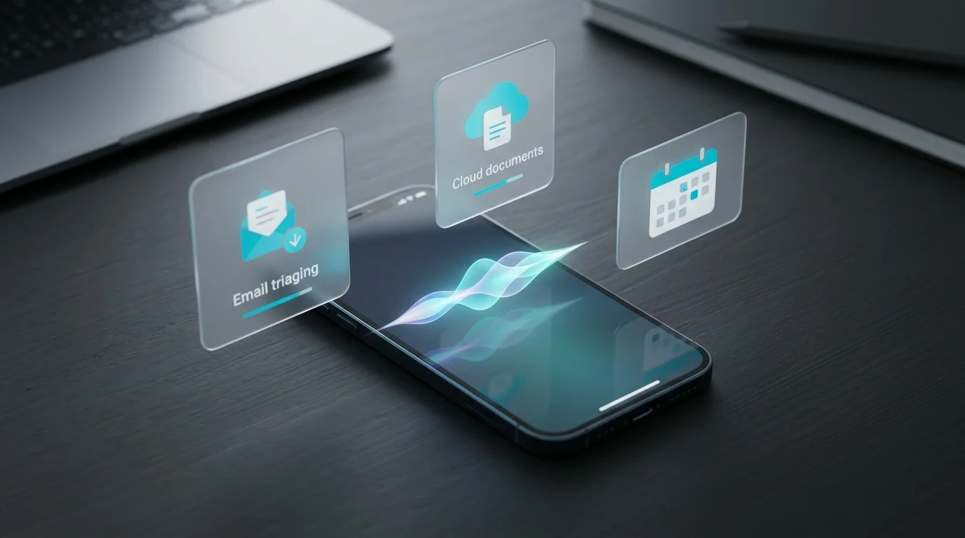 Робоче місце з ноутбуком і смартфоном, де відображається інтерфейс Gemini Live з картками завдань