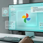 Desktop computer screen displaying Google Drive and Google Photos interfaces