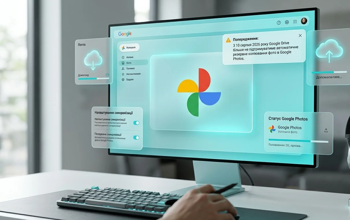 Desktop computer screen displaying Google Drive and Google Photos interfaces