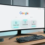 Робоче місце з монітором, на якому відображено тестовий інтерфейс Google із ШІ-ярликами