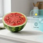 Sliced ripe watermelon with juicy red flesh and seeds on a kitchen counter