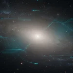 Візуалізація найбільшої галактики IC 1101 на тлі глибокого космосу з елементами телеметричного інтерфейсу