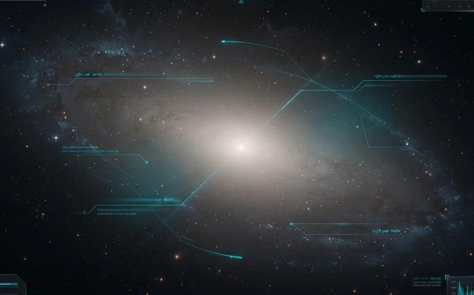 Visualization of the largest galaxy IC 1101 against deep space background with telemetry interface elements