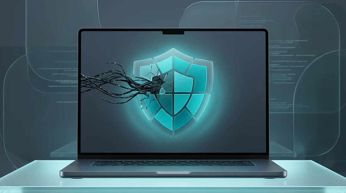 Відкритий ноутбук MacBook Pro на робочому столі з елементами цифрового захисту та іконкою замка