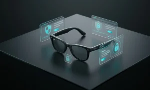 Meta Ray-Ban smart glasses displayed with digital privacy icons and secure UI elements