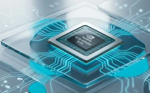 Nvidia RTX Spark N1X microchip on a glass surface with cyan lighting