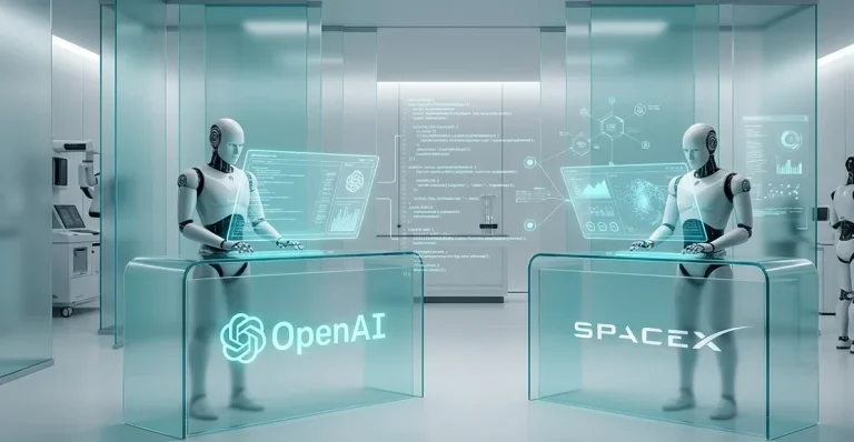 Futuristic glassmorphism AI laboratory with robots and ECG data visualizations