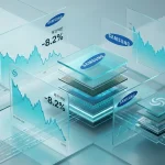 A conceptual illustration of falling Samsung stock graphs amidst microchips.