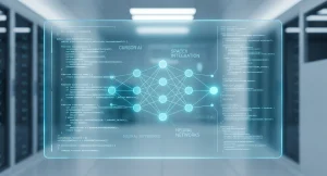 Holographic interface demonstrating complex code and neural networks, symbolizing SpaceX's acquisition of Cursor AI