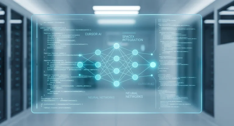 Holographic interface demonstrating complex code and neural networks, symbolizing SpaceX's acquisition of Cursor AI