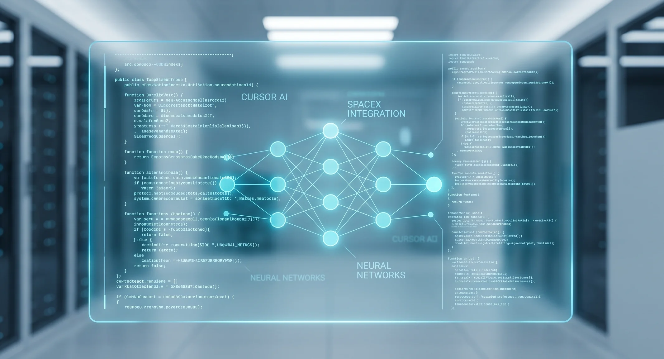 Holographic interface demonstrating complex code and neural networks, symbolizing SpaceX's acquisition of Cursor AI