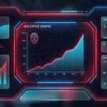 Цифровой интерфейс с графиками касовых сборов фильма 'Человек-паук: Новый день' и символикой паутины.