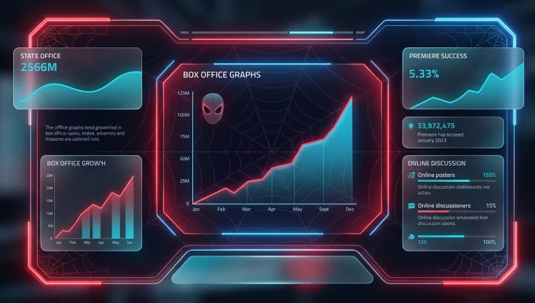 Digital interface with box office charts for the movie 'Spider-Man: Brand New Day' and spider web symbolism.