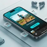 Смартфон з відкритим режимом Spotify Running Mode на скляній поверхні поруч із навушниками
