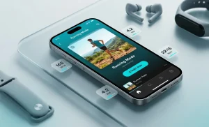 Smartphone displaying Spotify Running Mode interface on a glass surface with earbuds