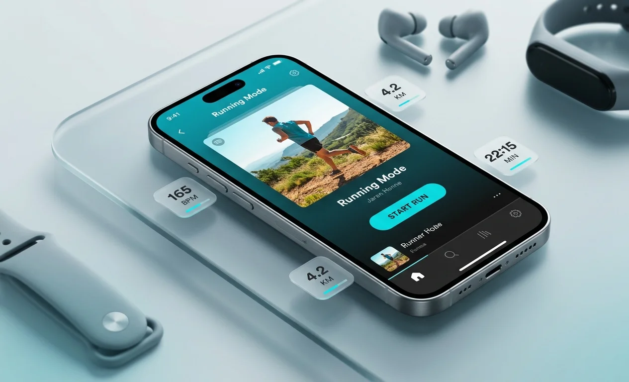 Смартфон з відкритим режимом Spotify Running Mode на скляній поверхні поруч із навушниками