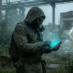Сталкер у Чорнобильській Зоні, що перевіряє свій PDA з голографічним інтерфейсом у стилі Glassmorphism, що відображає дані про аномалії та мультиплеєр.