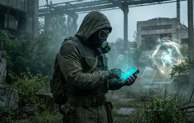 A stalker in tactical gear and mask checking his advanced PDA with a Glassmorphism holographic interface displaying Zone data, anomaly schematic, and multiplayer network connections, against ruined background structures.