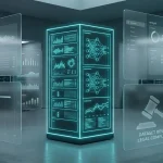 Голографічна серверна стійка та абстрактні суддівські молотки у стилі glassmorphism з бірюзовими акцентами