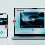 YouTube Music interface and video player displayed on laptop and smartphone screens with glassmorphism design