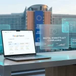Робоче місце з ноутбуком, на якому відкрито інтерфейс пошуку Google та напівпрозорі графічні панелі регламенту DMA Європейського Союзу