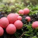 Макрофотографія рожевих еталіїв Lycogala epidendrum на зеленому моху та гнилій деревині