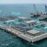 Aerial view of Princess Elisabeth artificial offshore energy island in the North Sea
