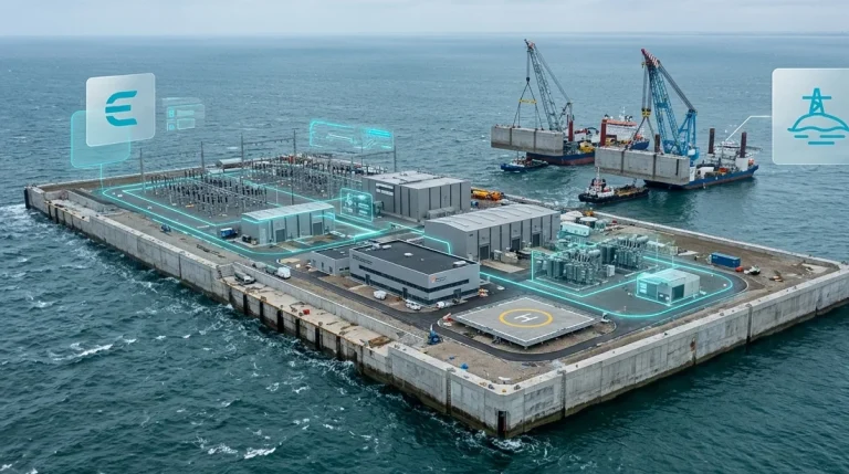 Aerial view of Princess Elisabeth artificial offshore energy island in the North Sea