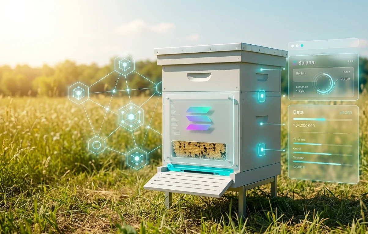 Smart beehive in a field with holographic Solana blockchain data