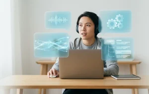 Concept of cognitive focus and self-talk while working at a computer desk
