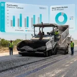 Road construction in Texas using asphalt mixed with recycled plastic, supported by digital data visualization.