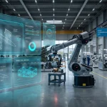 Modern industrial facility showing transformation of a car plant into a defense equipment assembly site with telemetry HUD