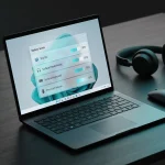 Windows 11 battery status widget displayed on a modern laptop screen surrounded by wireless peripherals