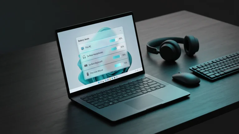 Новий віджет батареї у Windows 11 на екрані сучасного ноутбука поруч із бездротовими аксесуарами